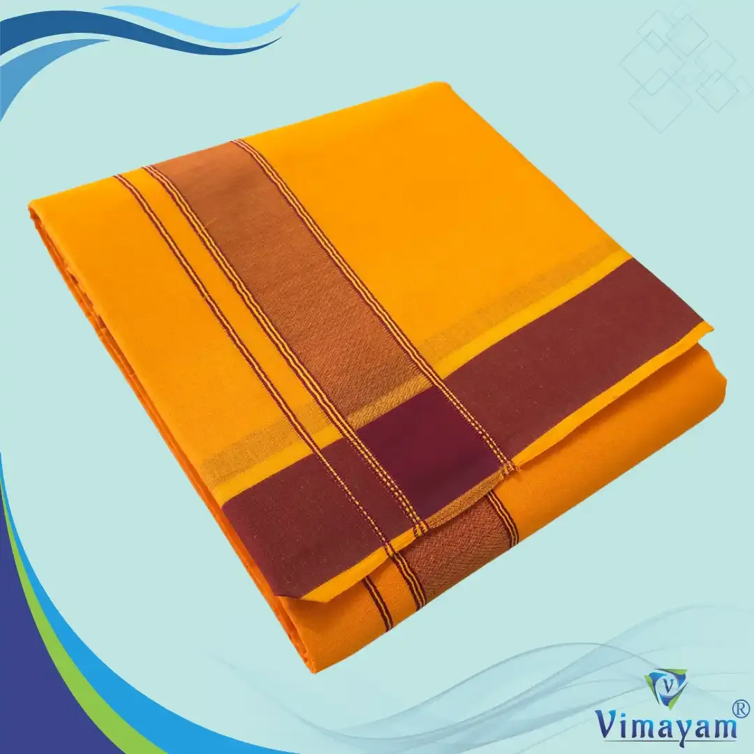 Golden Mango colour plain border dhoti towel - Assorted border colours - Vimayam Dhoties