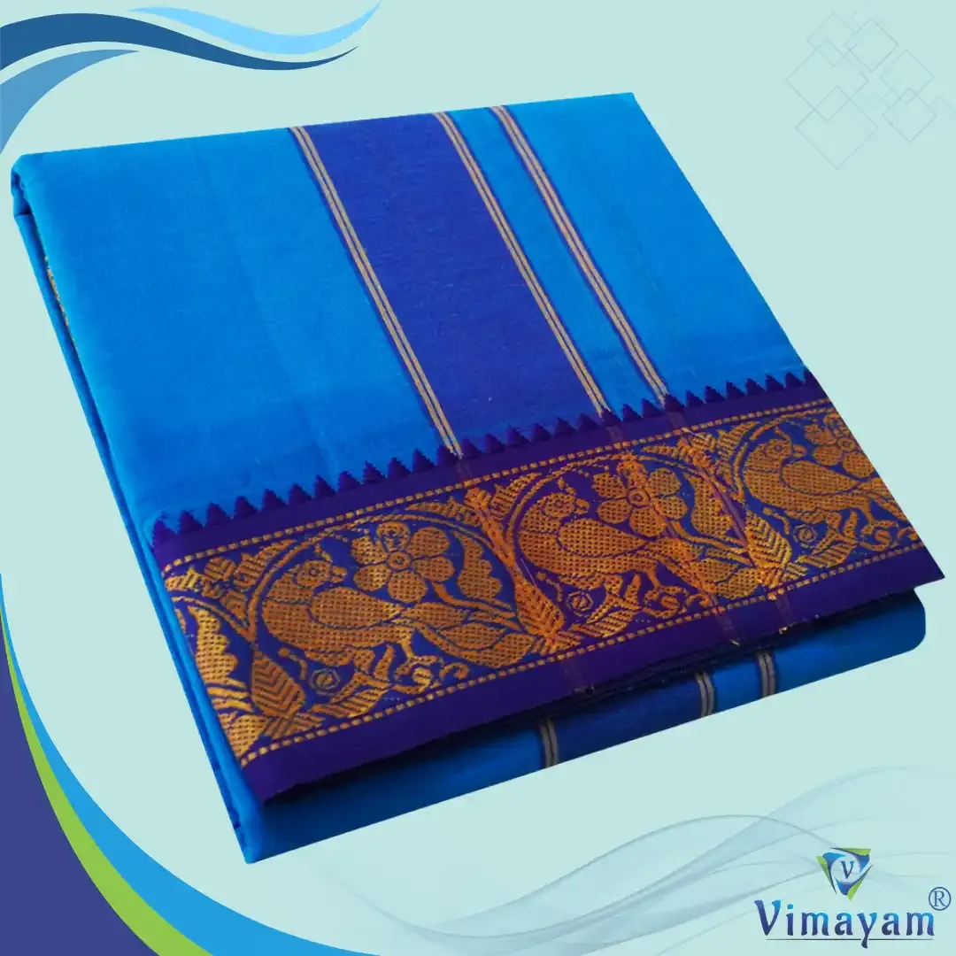 Anandha blue colour 3 inch border dhoti towel - Assorted border colour and designs - Vimayam Dhoties