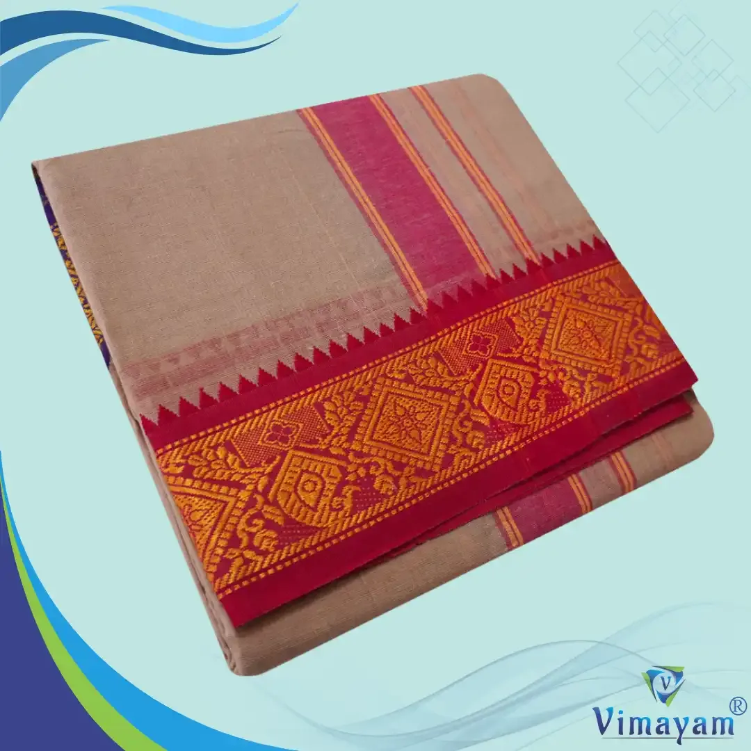 Beige colour 3 inch border dhoti towel - Assorted border colour and designs - Vimayam Dhoties