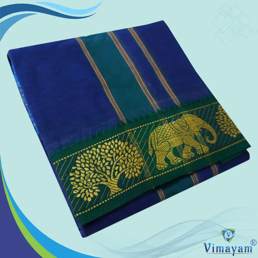 Blue colour 3 inch border dhoti towel - Assorted border colour and designs - Vimayam Dhoties