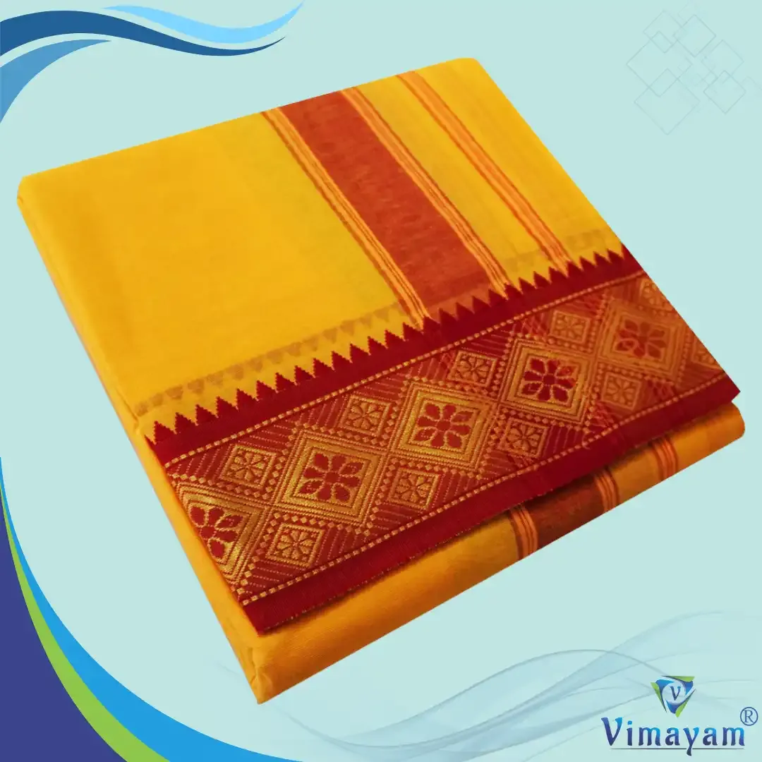 Golden Mango colour 3 inch border dhoti towel - Assorted border colour and designs - Vimayam Dhoties
