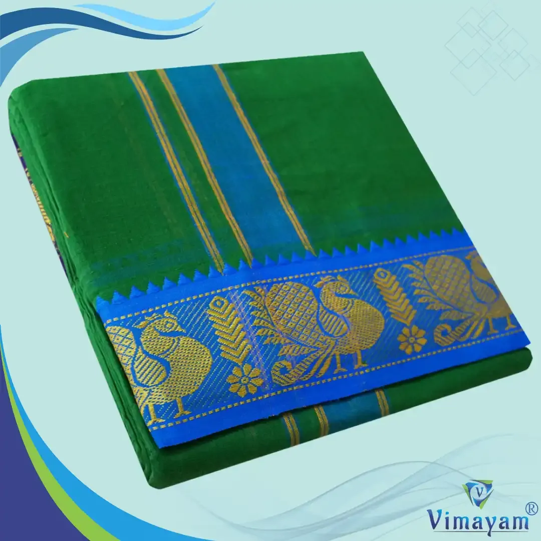Green colour 3 inch border dhoti towel - Assorted border colour and designs - Vimayam Dhoties