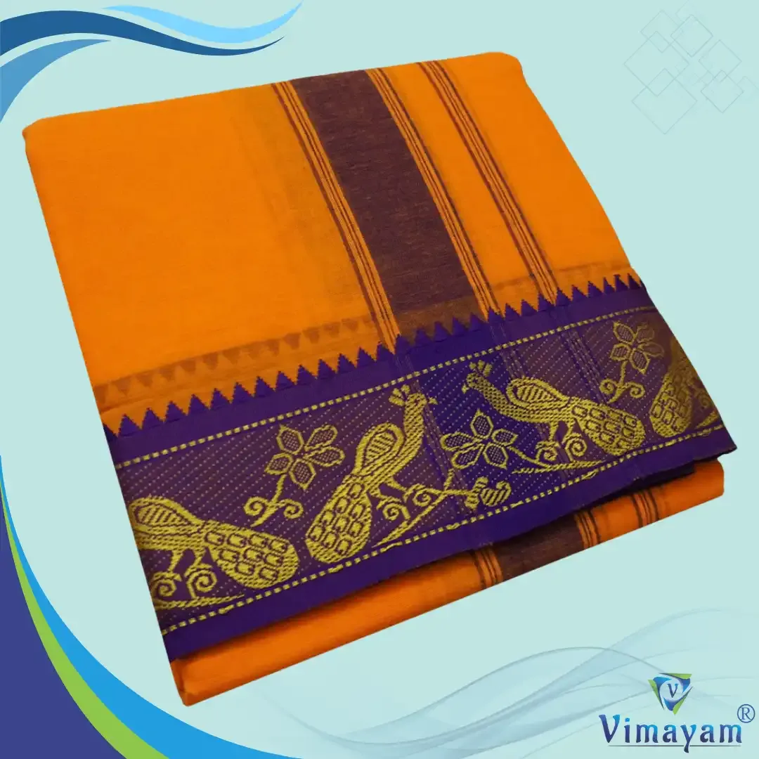 Light Orange colour 3 inch border dhoti towel - Assorted border colour and designs - Vimayam Dhoties