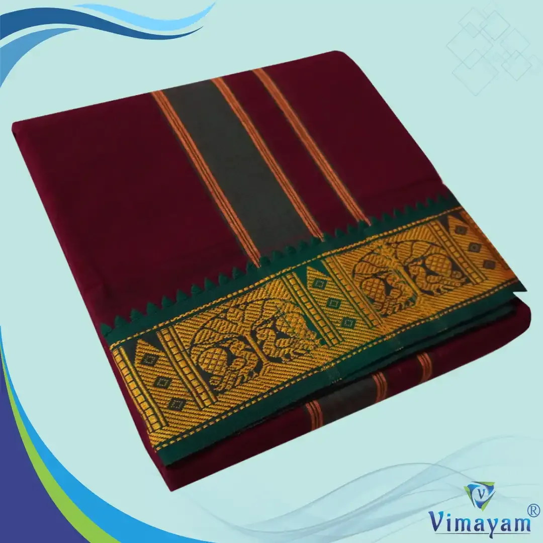 Maroon colour 3 inch border dhoti towel - Assorted border colour and designs - Vimayam Dhoties