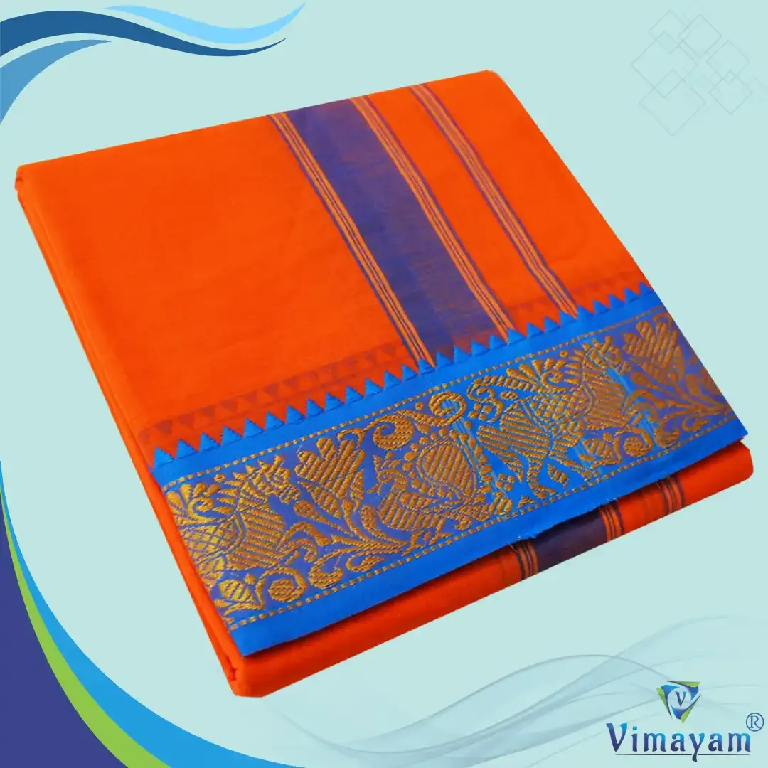 Orange colour 3 inch border dhoti towel - Assorted border colour and designs - Vimayam Dhoties