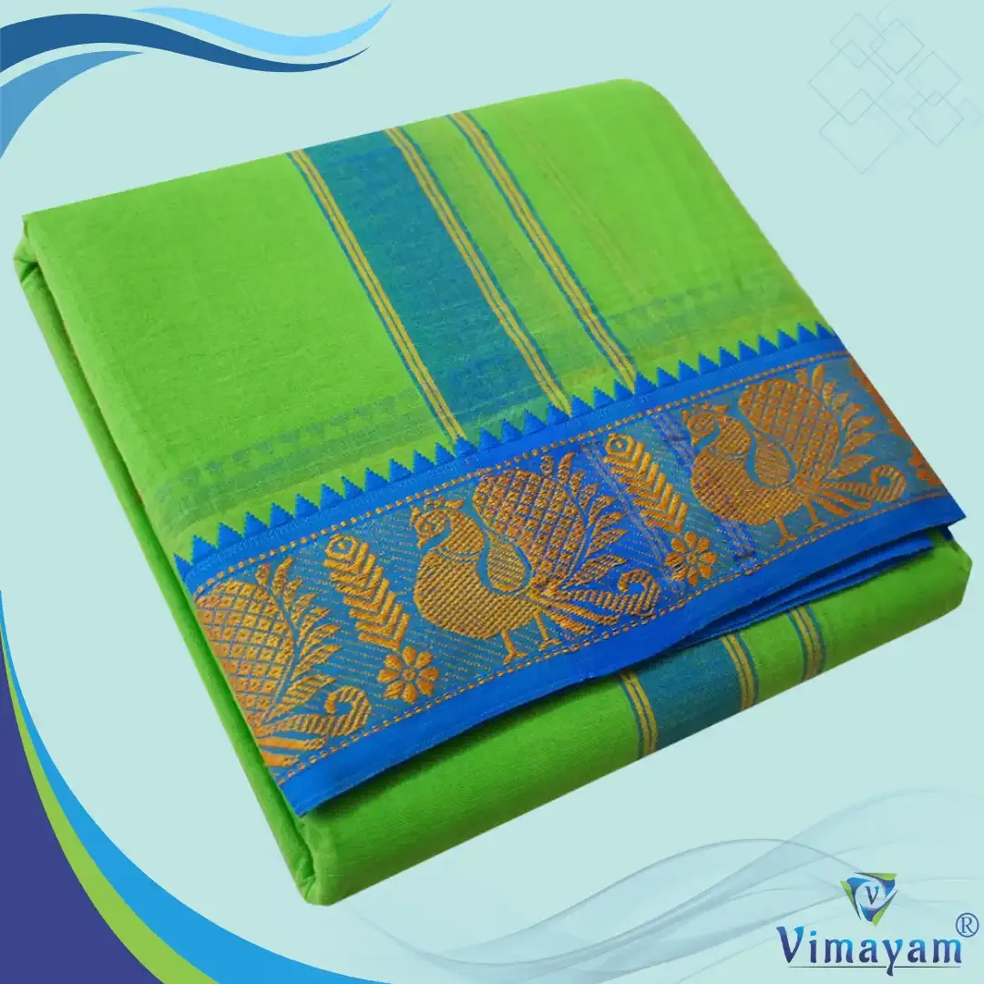 Parrot green colour 3 inch border dhoti towel - Assorted border colour and designs - Vimayam Dhoties