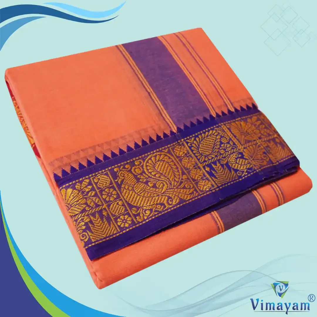 Peach colour 3 inch border dhoti towel - Assorted border colour and designs - Vimayam Dhoties