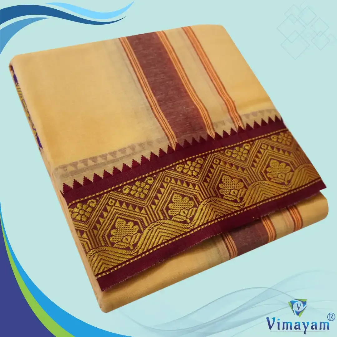 Sandal colour 3 inch border dhoti towel - Assorted border colour and designs - Vimayam Dhoties
