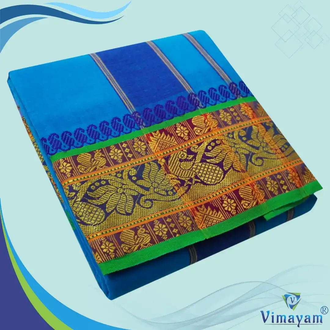 Anandha blue colour 6 inch border dhoti towel - Assorted border colour and designs - Vimayam Dhoties
