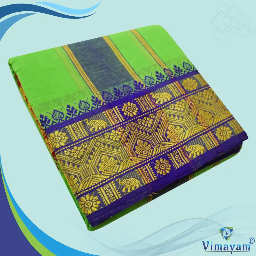 Parrot green colour 6 inch border dhoti towel - Assorted border colour and designs - Vimayam Dhoties