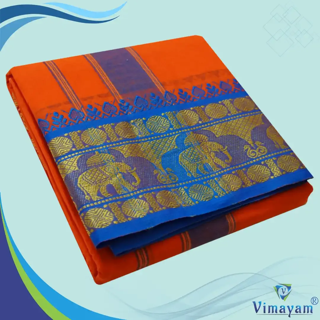 Orange colour 6 inch border dhoti towel - Assorted border colour and designs - Vimayam Dhoties