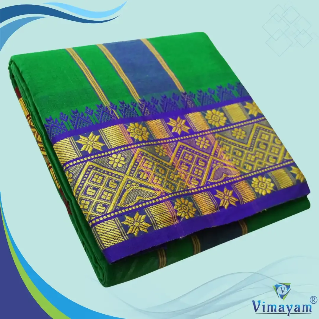 Green colour 6 inch border dhoti towel - Assorted border colour and designs - Vimayam Dhoties