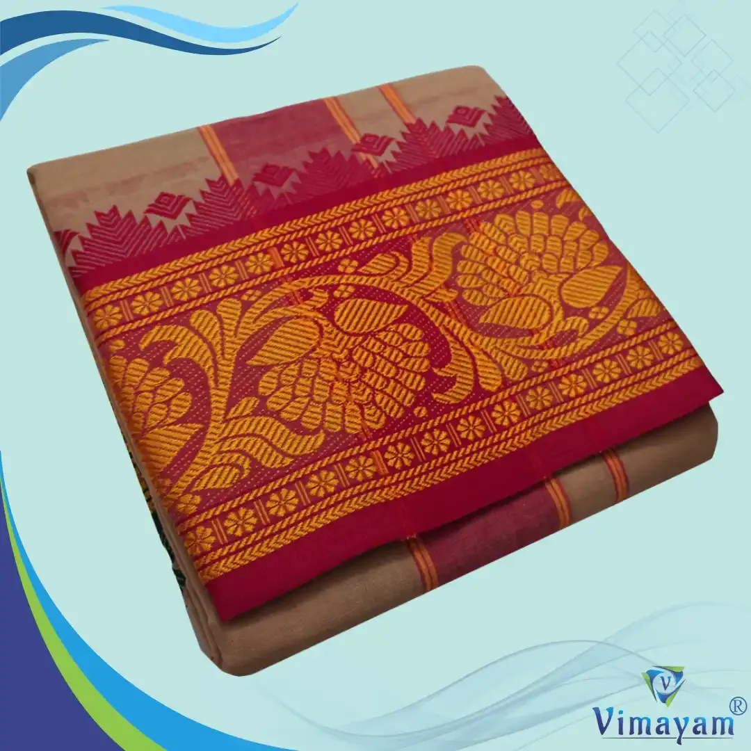 Beige colour 8 inch border dhoti towel - Assorted border colour and designs - Vimayam Dhoties