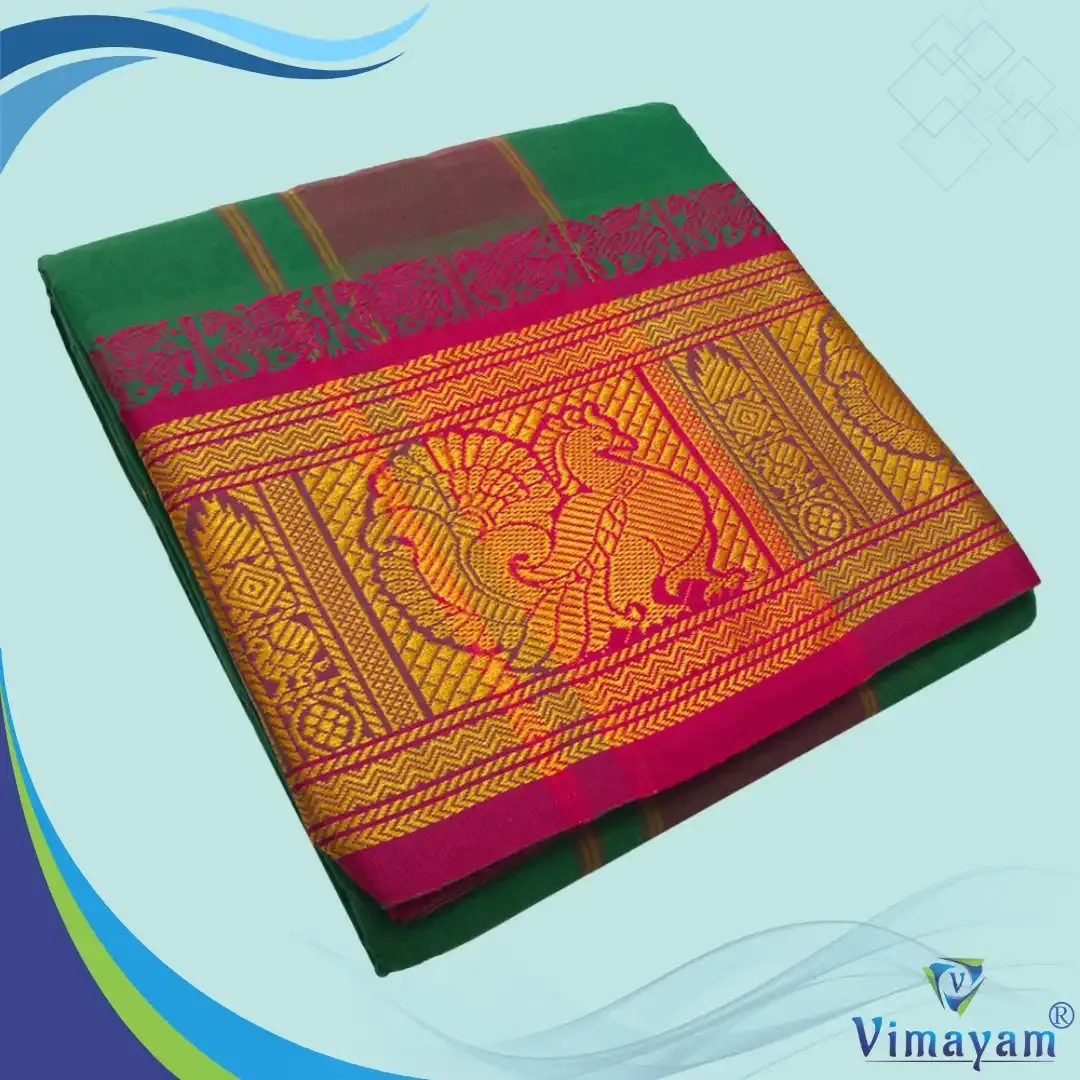 Green colour 8 inch border dhoti towel - Assorted border colour and designs - Vimayam Dhoties
