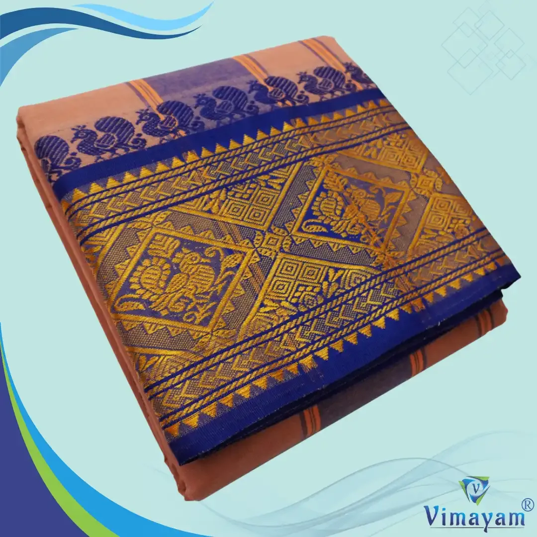 Light kavi colour 8 inch border dhoti towel - Assorted border colour and designs - Vimayam Dhoties