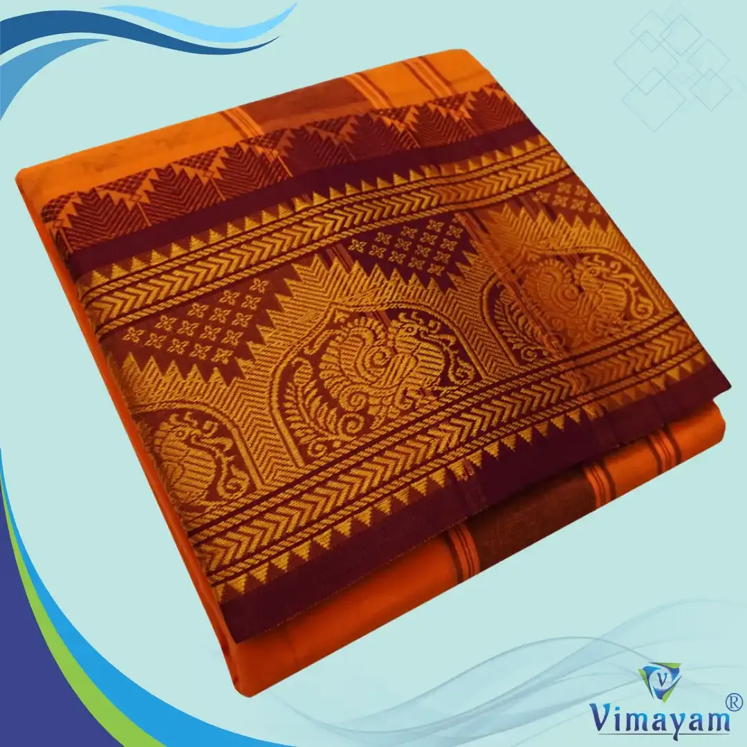 Light orange colour 8 inch border dhoti towel - Assorted border colour and designs - Vimayam Dhoties