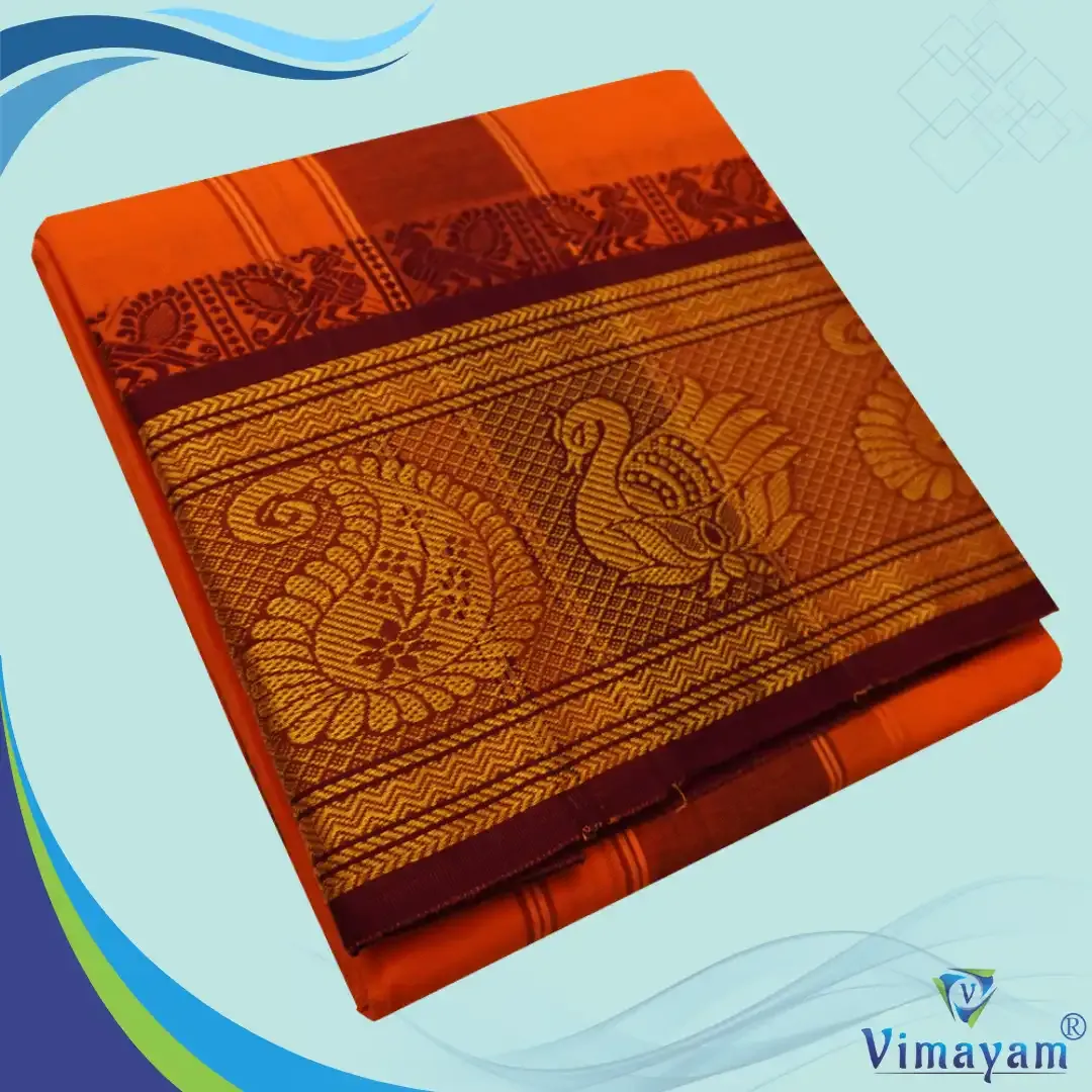 Orange colour 8 inch border dhoti towel - Assorted border colour and designs - Vimayam Dhoties