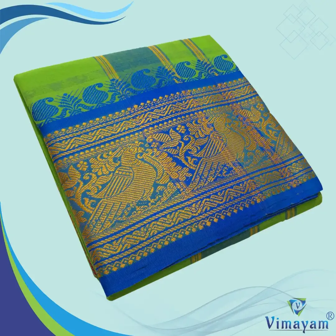 Parrot green colour 8 inch border dhoti towel - Assorted border colour and designs - Vimayam Dhoties