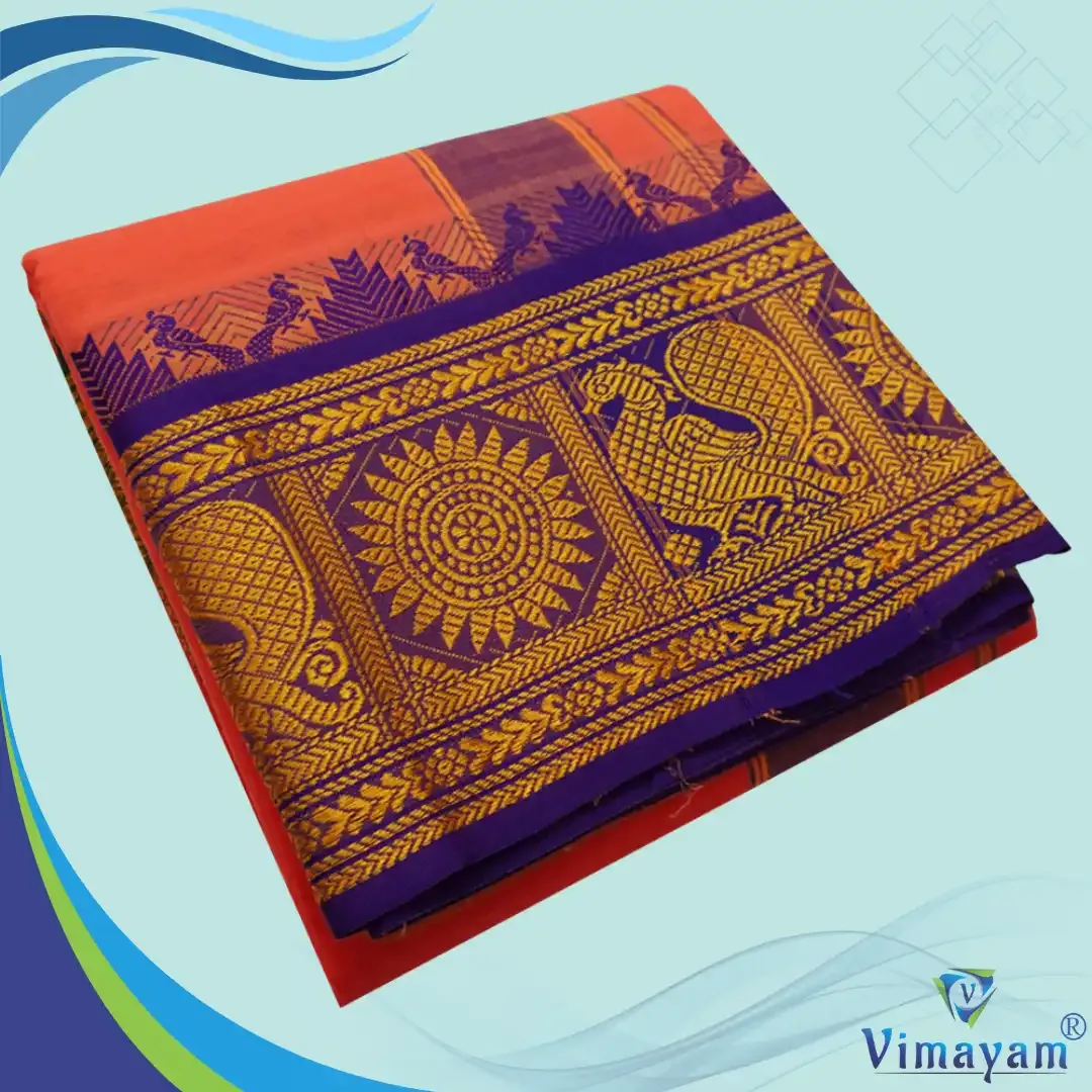 Peach colour 8 inch border dhoti towel - Assorted border colour and designs - Vimayam Dhoties