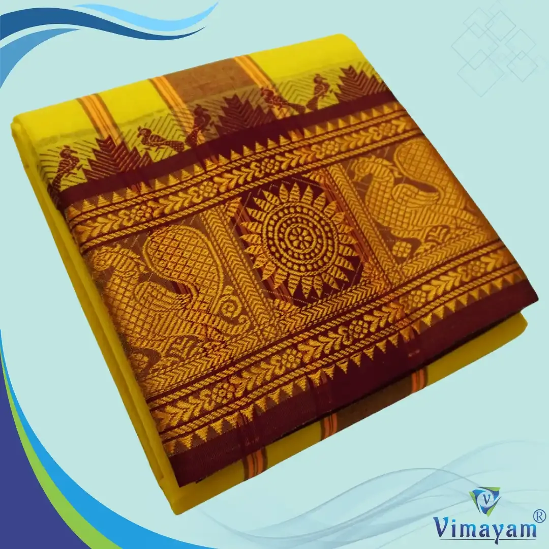 Yellow colour 8 inch border dhoti towel - Assorted border colour and designs – COLOUR DHOTIES | New Arrival | Vimayam Dhoties