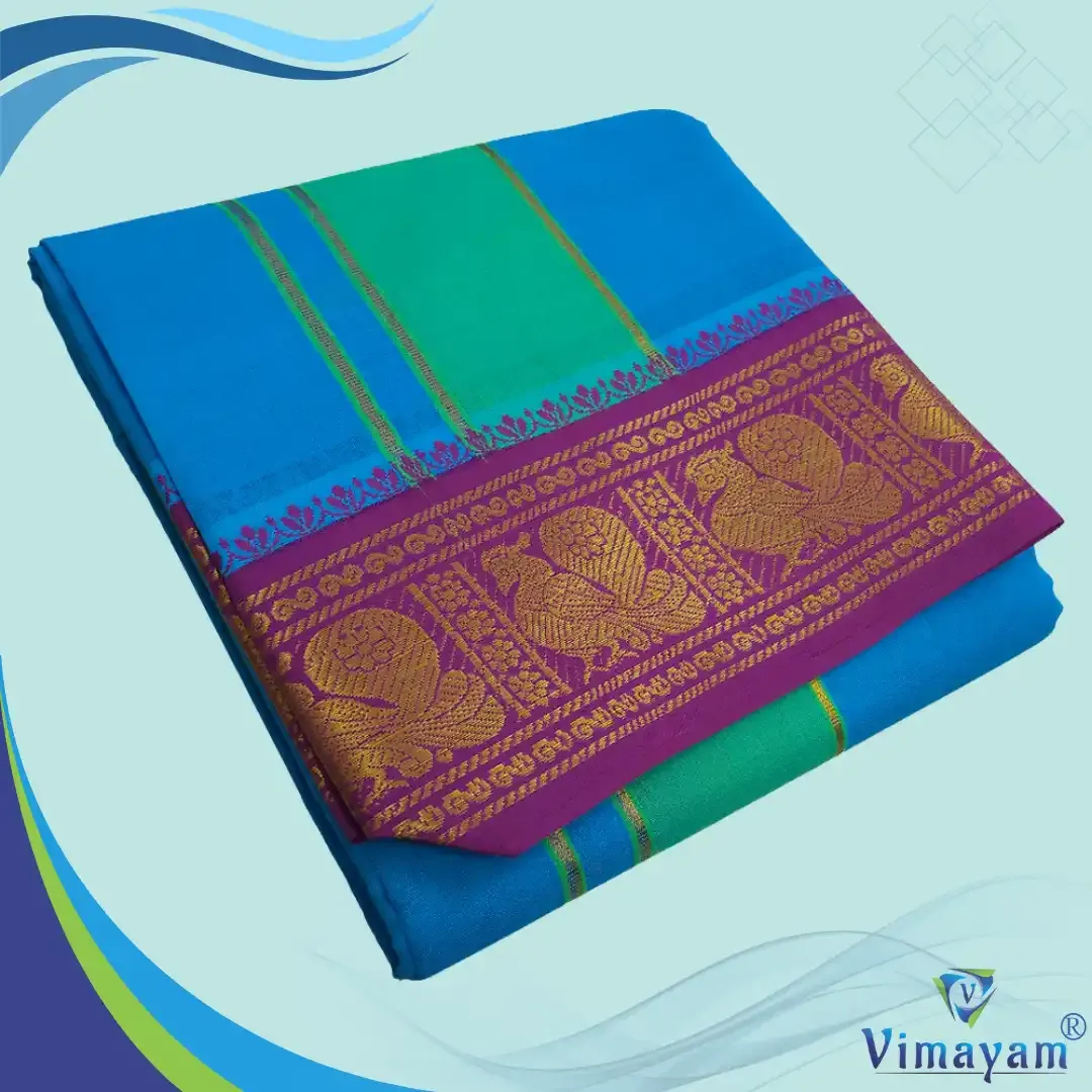 Anandha blue colour premium quality dhoti towel - Assorted border colour and designs - Vimayam Dhoties