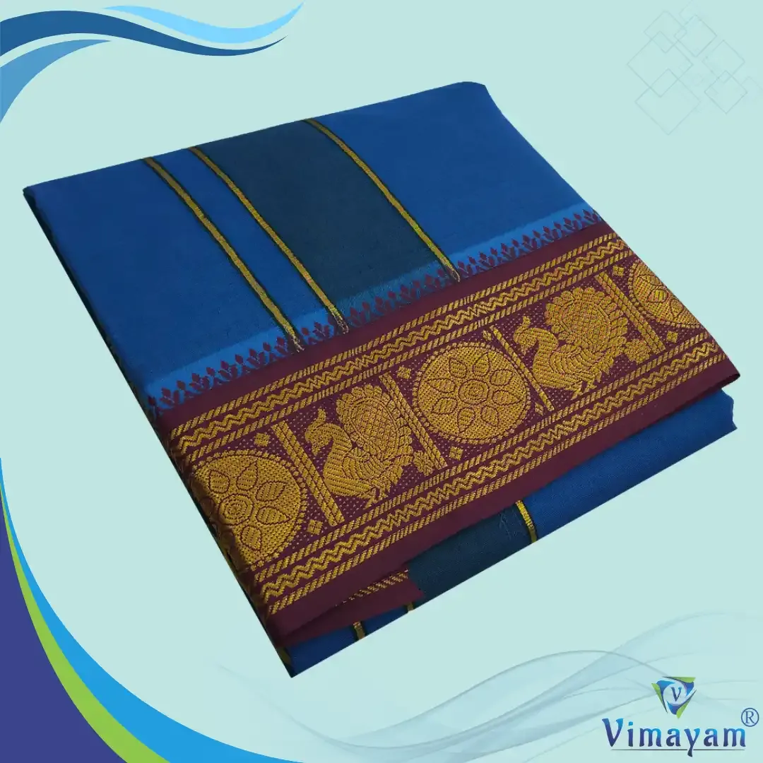 Blue colour premium quality dhoti towel - Assorted border colour and designs - Vimayam Dhoties