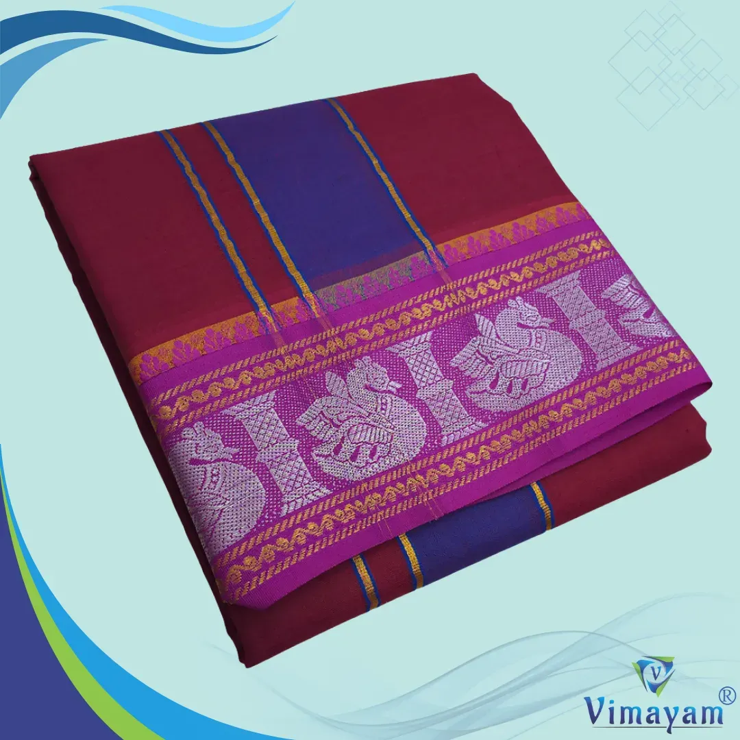 Maroon colour premium quality dhoti towel - Assorted border colour and designs - Vimayam Dhoties