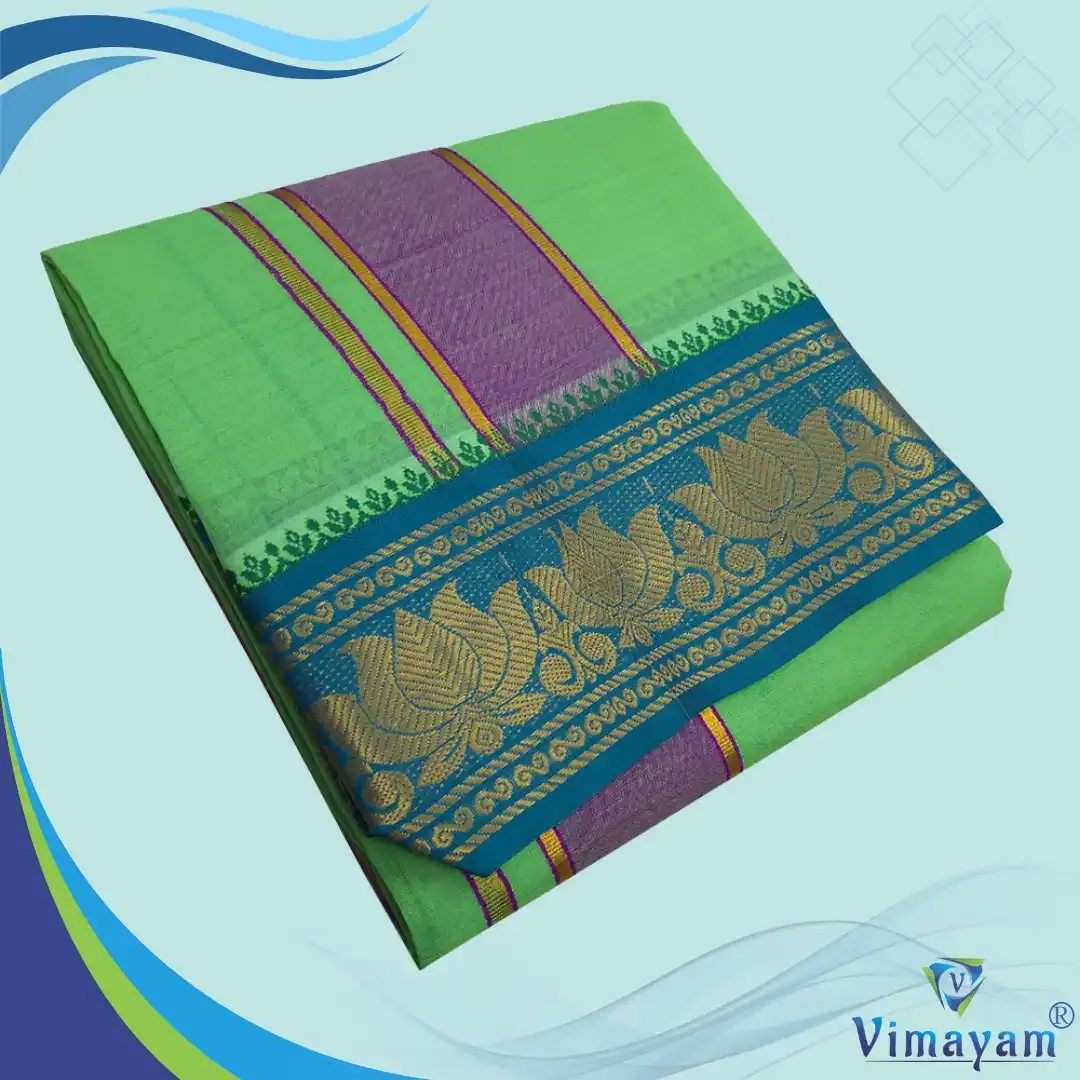 Parrot green colour premium quality dhoti towel - Assorted border colour and designs - Vimayam Dhoties