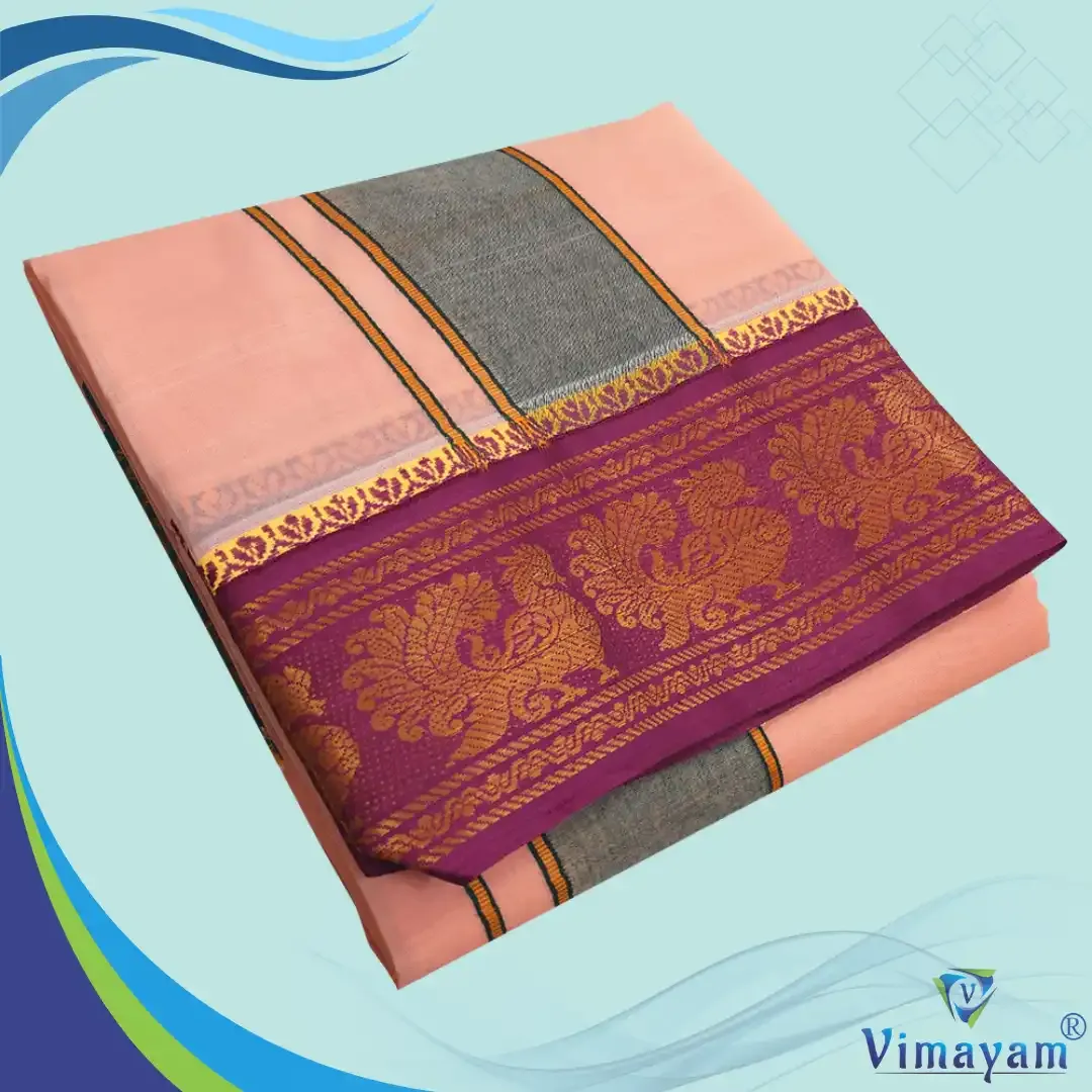Peach colour premium quality dhoti towel - Assorted border colour and designs - Vimayam Dhoties