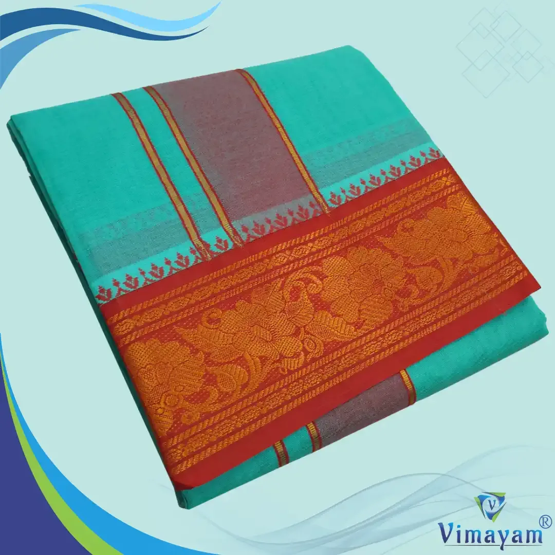 Sea green colour premium quality dhoti towel - Assorted border colour and designs - Vimayam Dhoties