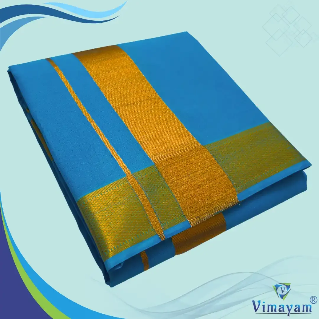 Anandha blue colour dhoti golden zari border - Vimayam Dhoties