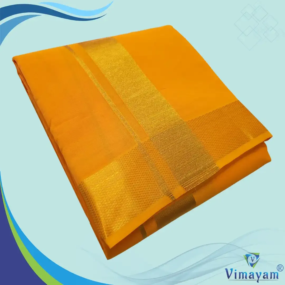 Golden mango colour dhoti golden zari border - Vimayam Dhoties