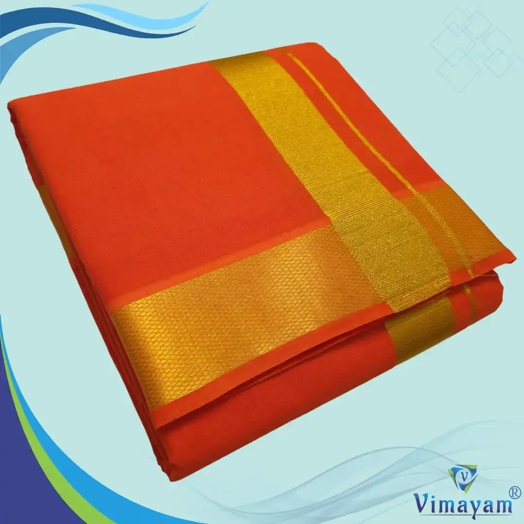Orange colour dhoti golden zari border - Vimayam Dhoties