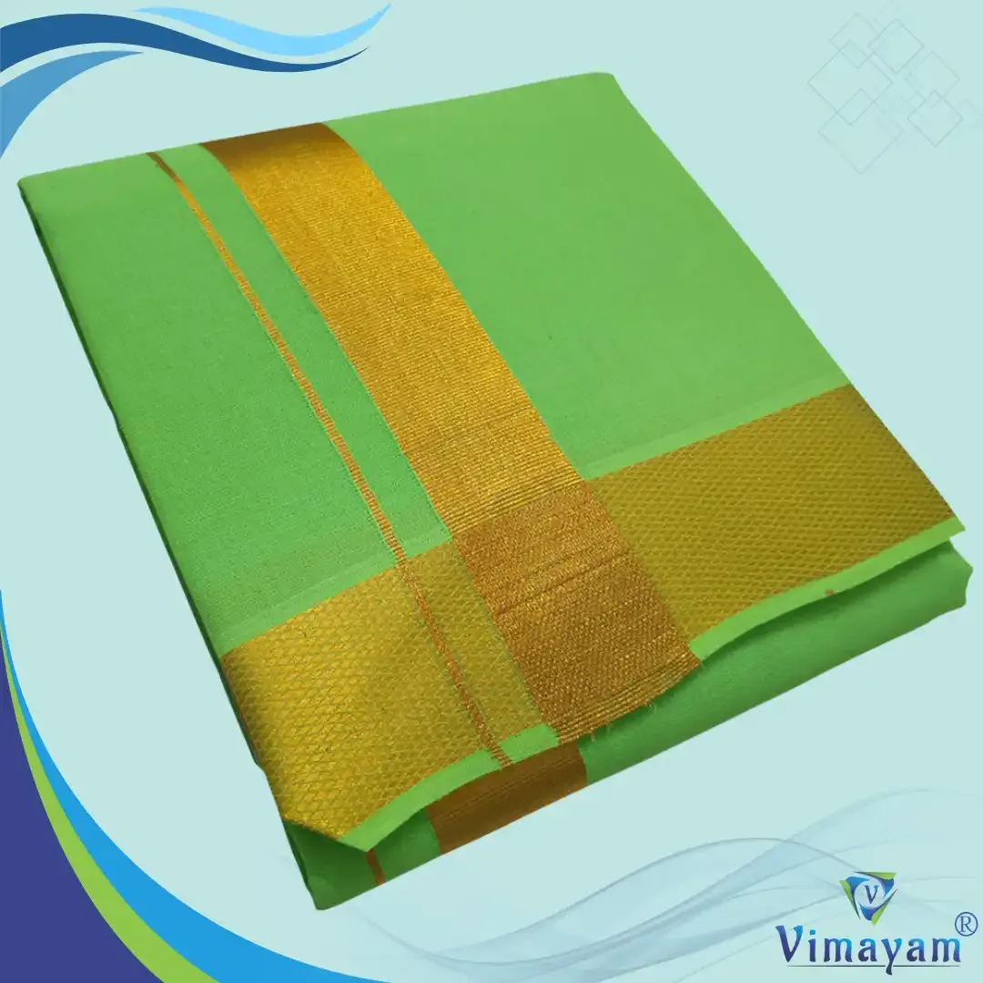 Parrot green colour dhoti golden zari border - Vimayam Dhoties