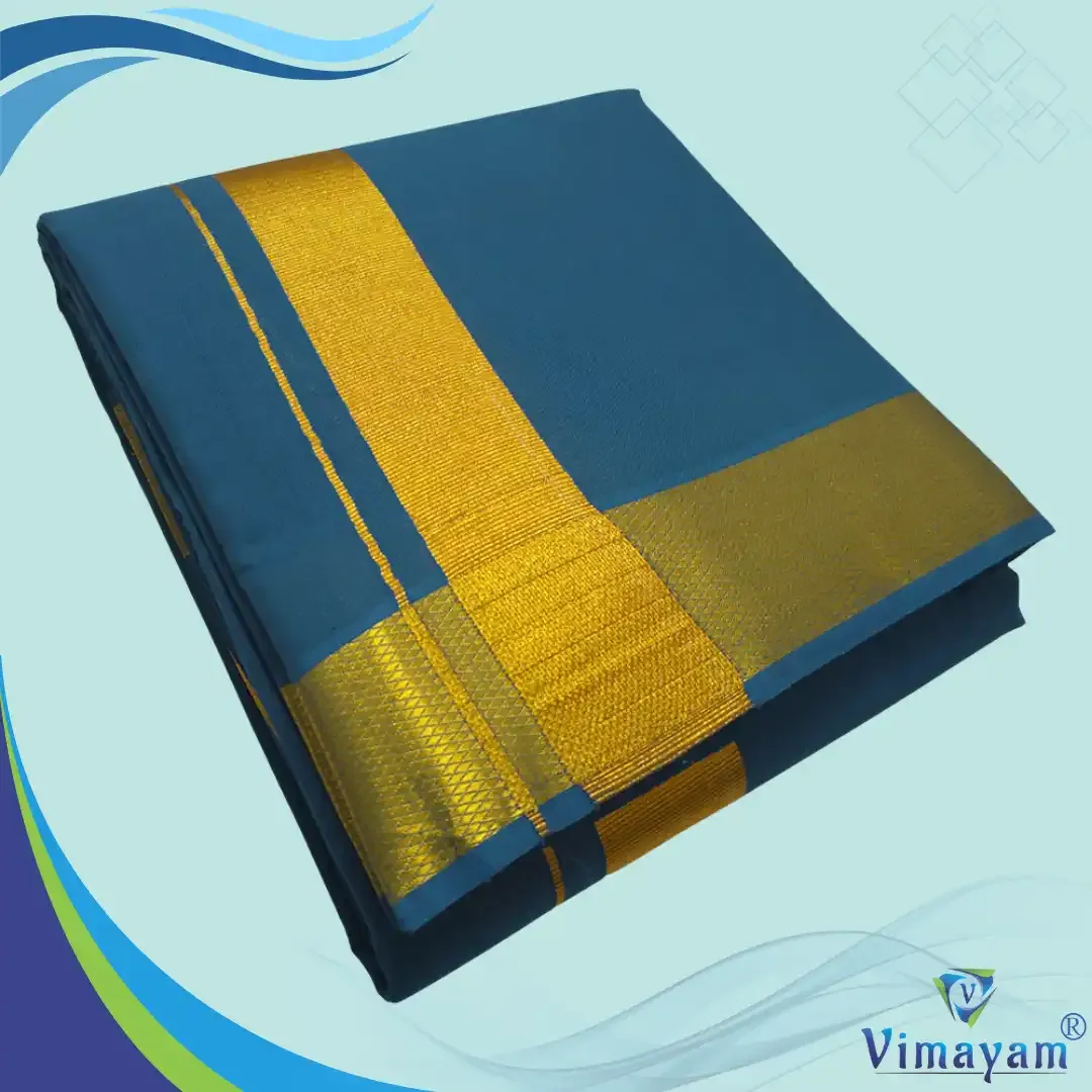 Peacock neck colour dhoti golden zari border - Vimayam Dhoties