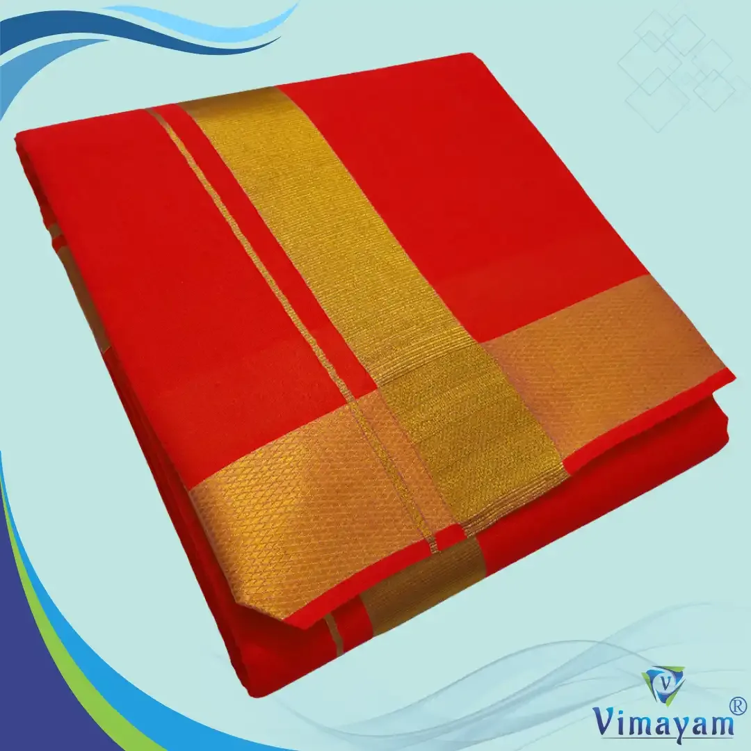 Red colour dhoti golden zari border - Vimayam Dhoties