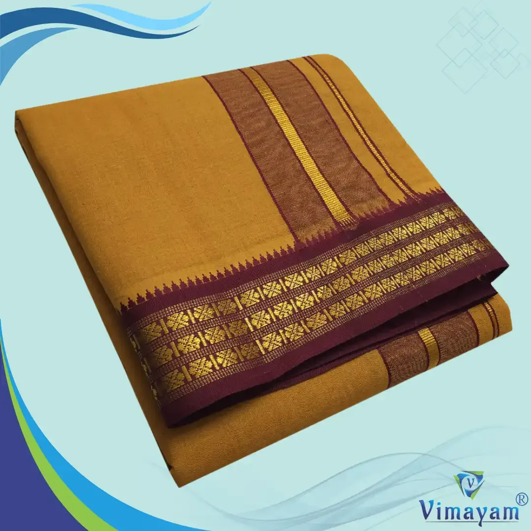 Mustard colour dhoti udraj coin border - Vimayam Dhoties
