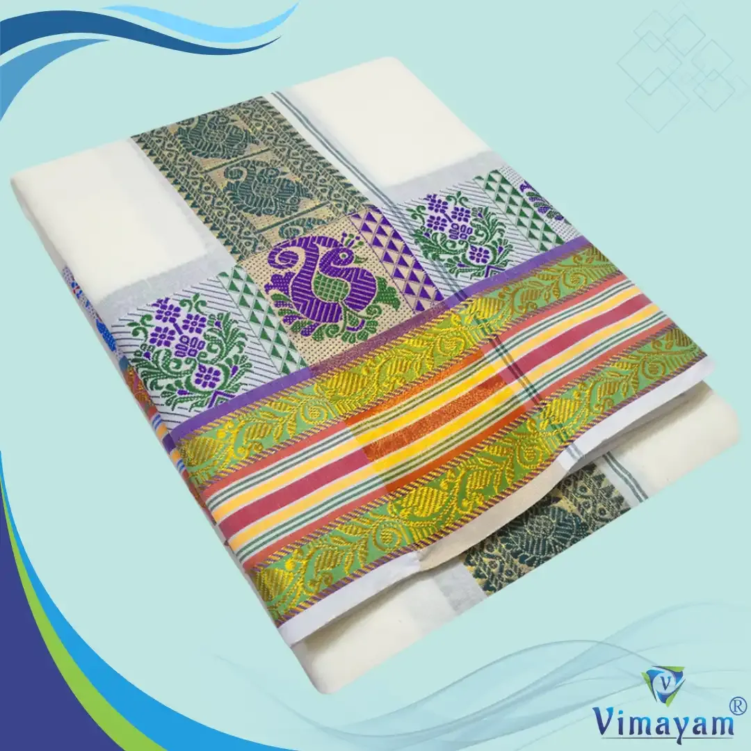 Flower peacock designed multi colour self premium quality  – Vimayam Dhoties