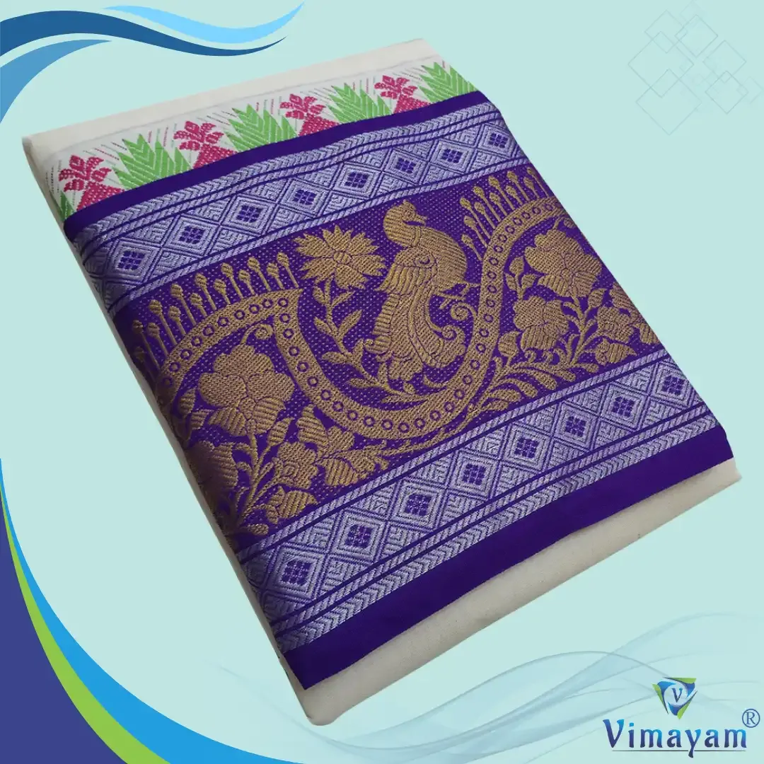 Peacock designed multicolour temple border special quality dhoti - Vimayam Dhoties