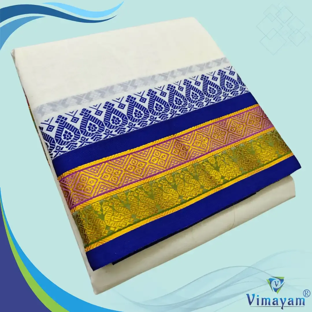 Mini peacock designed premium quality dhoti - Assorted border colours - Vimayam Dhoties