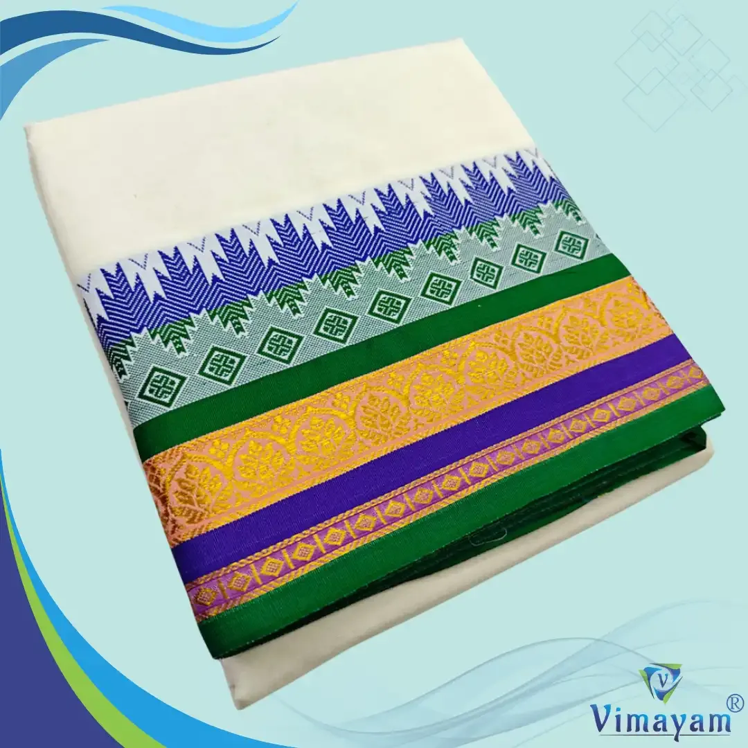 Mini flower desinged premium quality dhoti - Assorted border colours - Vimayam Dhoties