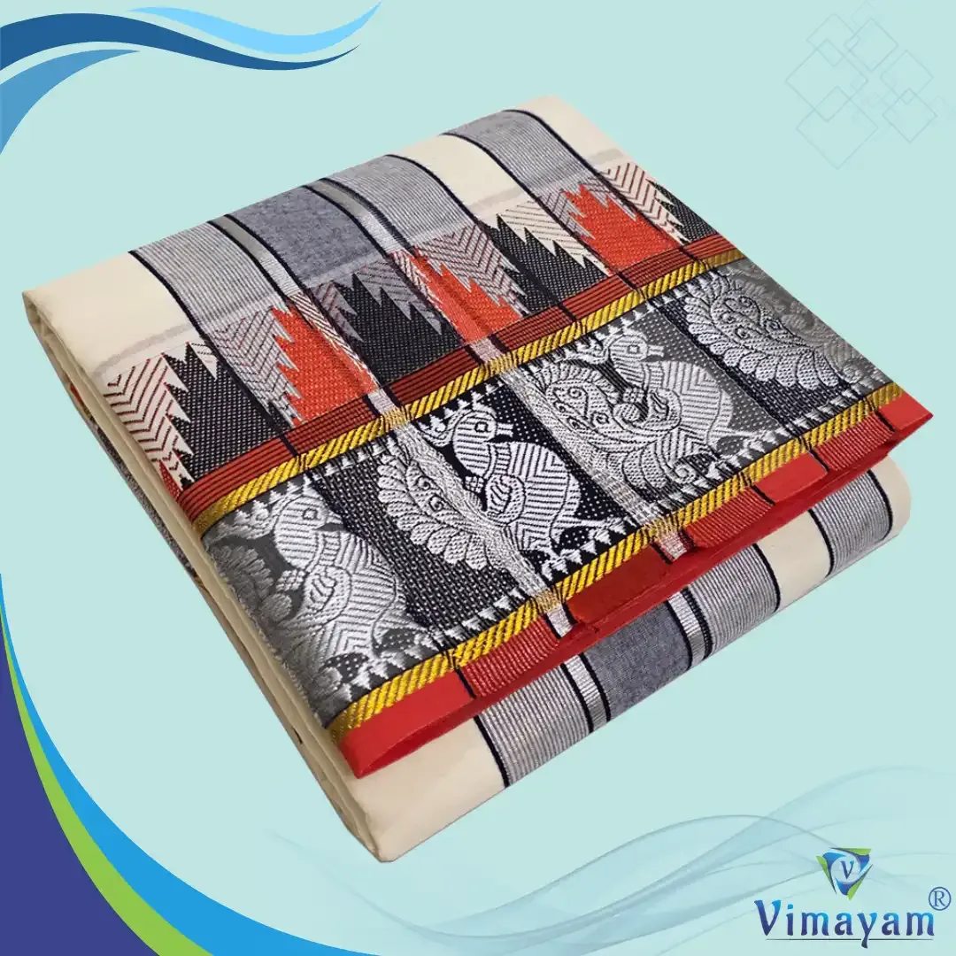 Black border multicolour thalamboo vaishnava dhoti - Vimayam Dhoties