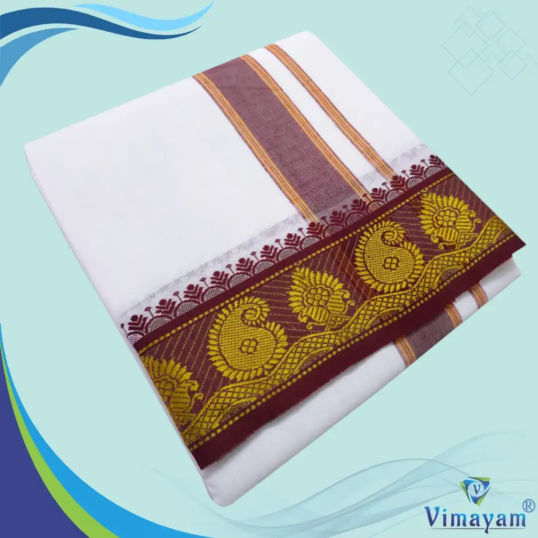 Green and maroon border dhoti - Assorted border designs - Vimayam Dhoties