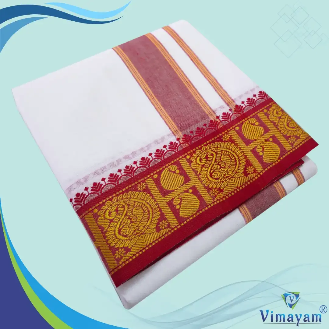 Green and red border dhoti - Assorted border designs - Vimayam Dhoties