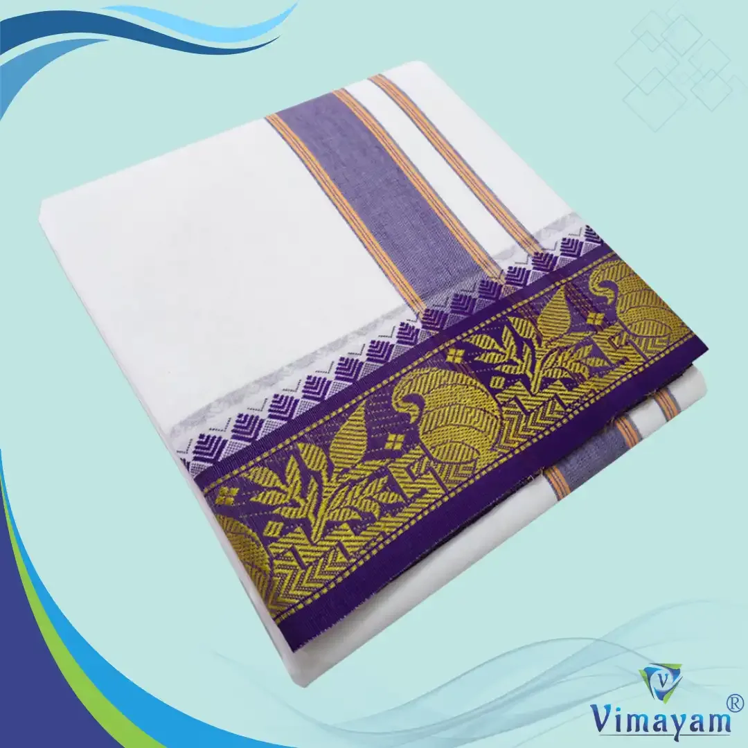 Blue and green border dhoti - Assorted border designs -  - Vimayam Dhoties