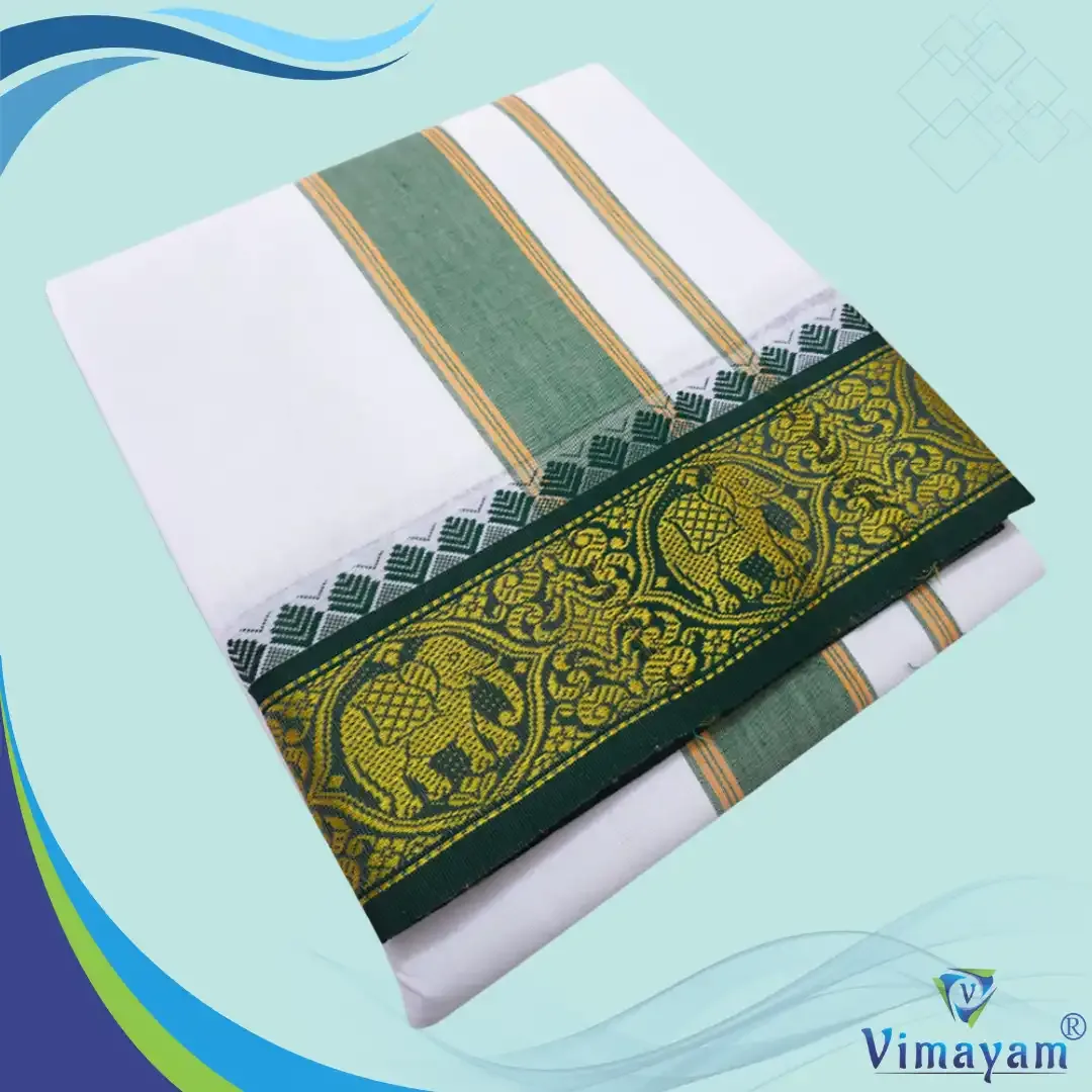 Green and blue border dhoti - Assorted border designs - Vimayam Dhoties