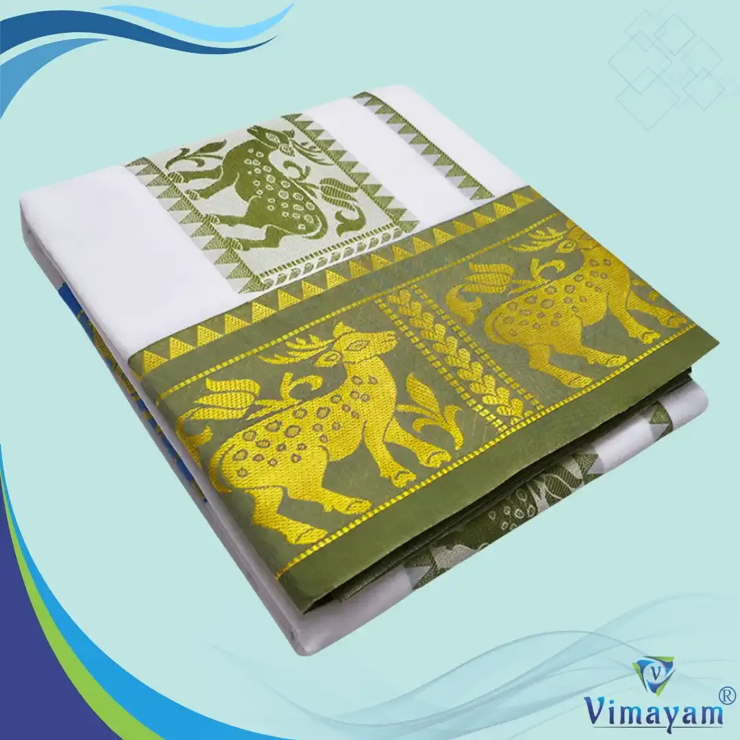 Embose premium quality self deer design - Assorted border colours - Vimayam Dhoties