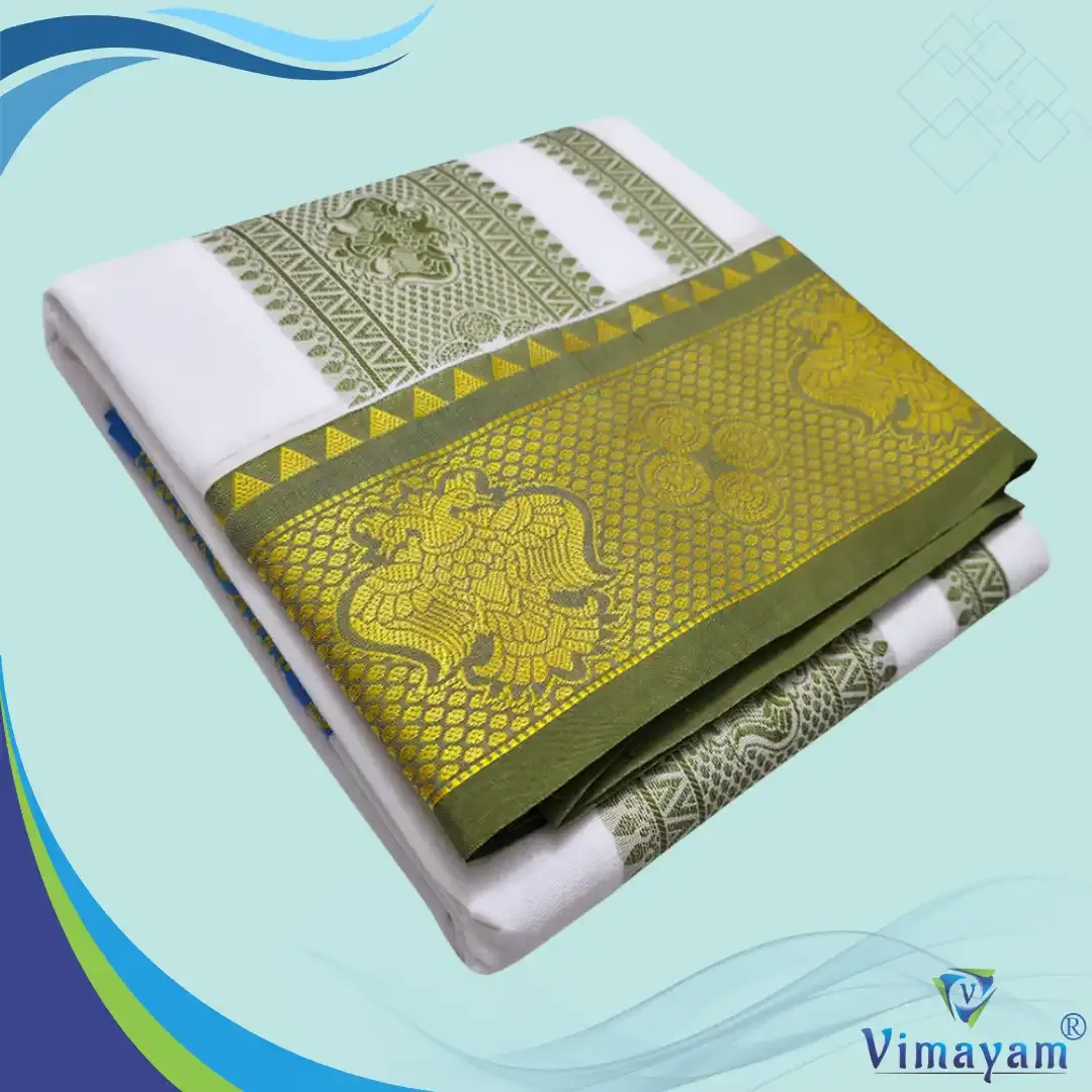 Embose premium quality self dual peacock - Assorted border colours - Vimayam Dhoties