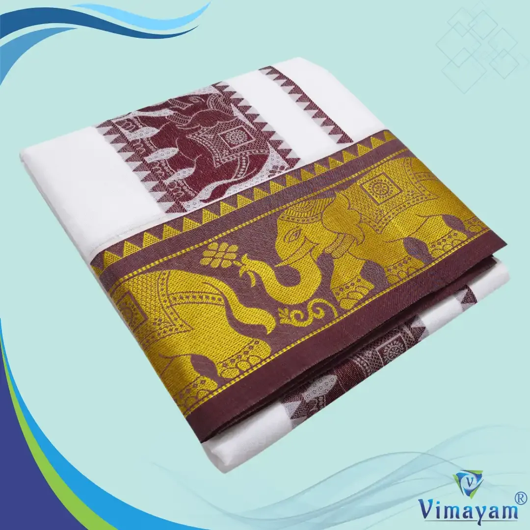 Embose premium quality self elephant design - Assorted border colours - Vimayam Dhoties