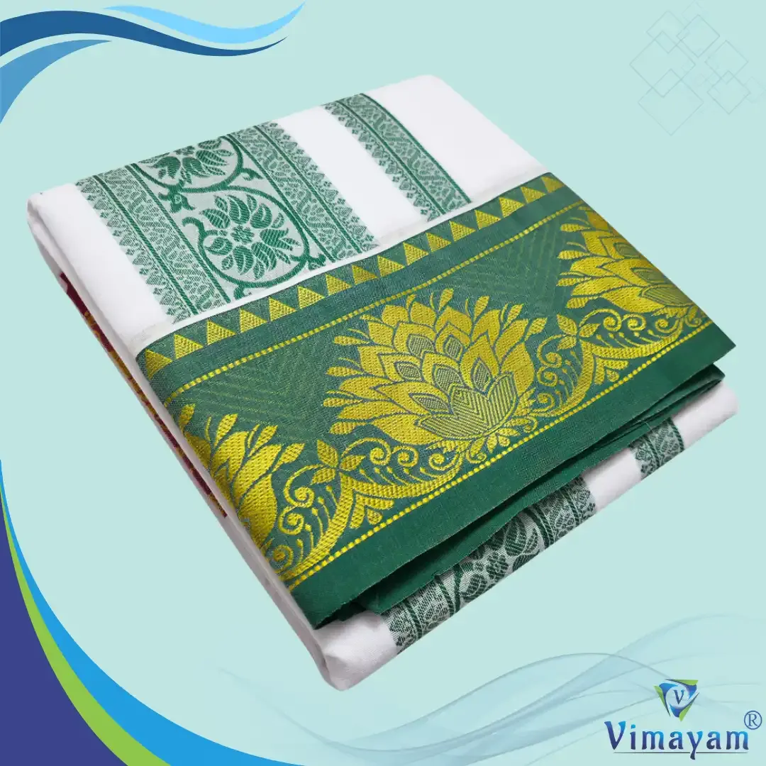 Embose premium quality self flower design - Assorted border colours - Vimayam Dhoties